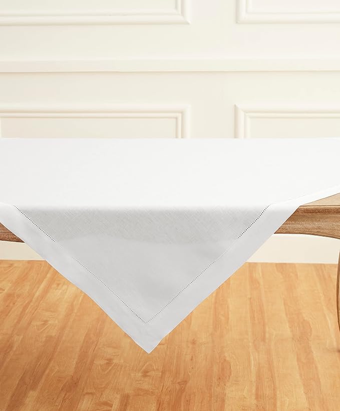 Solino Home White Linen Tablecloth 52 x 52 Inch - 100% Pure Linen Square Table Throw - Classic Hemstitch, Machine Washable Table Cloth for Winter, Valentines, Spring, Easter