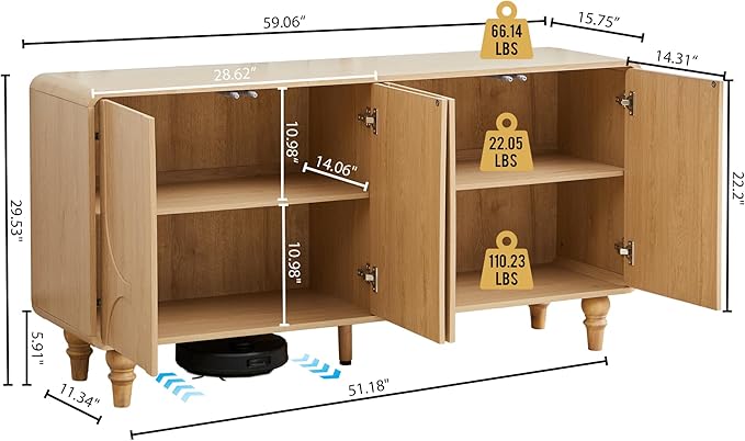 Mid Century Modern Sideboard Buffet Cabinet with Storage, Kitchen Sideboard Credenza Storage Cabinet with Doors and Shelves for Home Coffee Bar, Dining Room, Office, Entryway - Natural