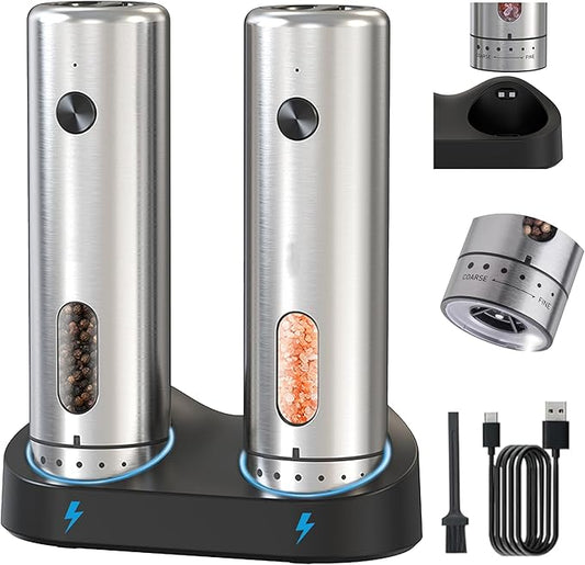 Electric Salt and Pepper Grinder Set - Rechargeable External Adjustment LED Light Dual Charging Base Upgraded Large Capacity with 110ml Top-Refill Stainless Steel Automatic Pepper Shakers