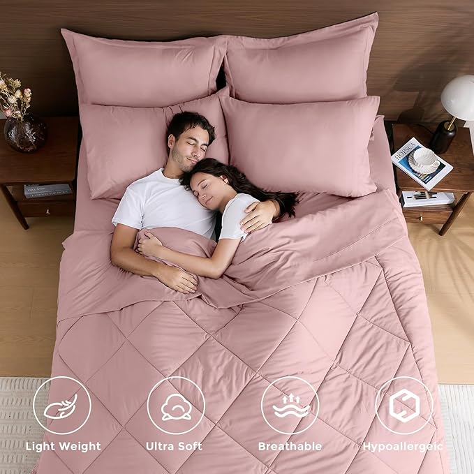 HEVUMYI Dusty Pink Cali-King Comforter Set - 7-Piece All Season Bed in a Bag Cali-King, Ultra Soft Bedding Set with Comforter, Flat Sheet, Fitted Sheet, Pillowcases, Pillow Shams