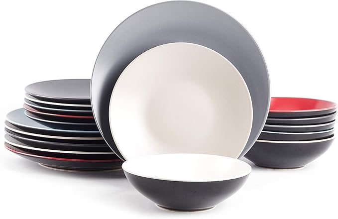 Colors Life 18pc Dinner Set竊똙ery Cool - 6 Assorted Colors Cool Beige, Cool Grey, Light Grey, Frost Red,Turquoise and White