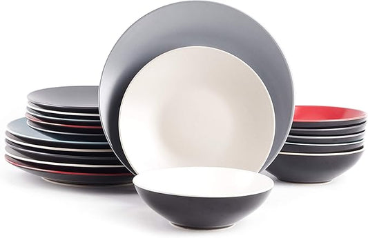 Colors Life 18pc Dinner Set竊똙ery Cool - 6 Assorted Colors Cool Beige, Cool Grey, Light Grey, Frost Red,Turquoise and White