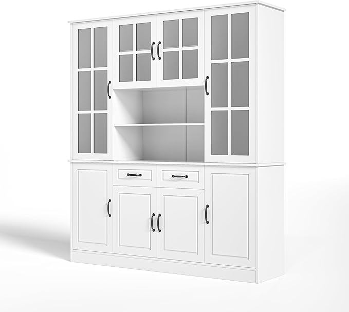 MU Kitchen Storage Cabinet with Glass Doors, Large China Hutch with 2 Drawers & 5 Adjustable Shelves, Kitchen Pantry Hutch for Home Office, Living Room, White (15.8" D x 63" W x 70.9H)