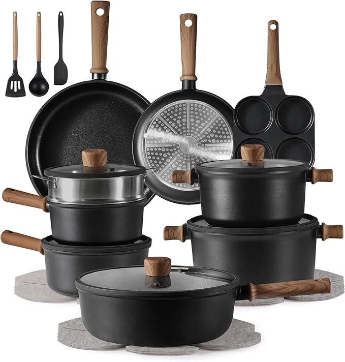 CAROTE 24Pcs Nonstick Kitchen Cookware Sets, Non stick Pots and Pans set, Induction Cookware Set Black