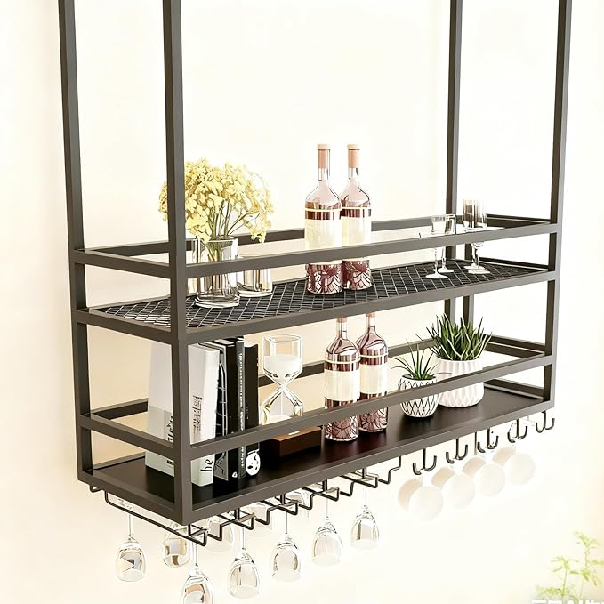 Ceiling Wine Glass Rack, Hanging Wine Display Shelf 2-Tier, Bar Liquor Storage Shelf for Bar Cafe Kitche, Metal Wine Bottle, Goblet Stemware Rack(Black, 39.37x39.37x11.81in)
