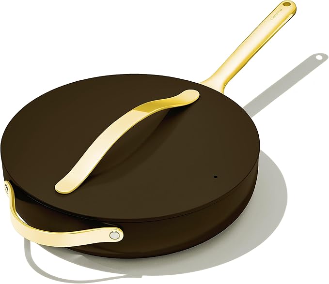 Caraway Nonstick Ceramic Saut챕 Pan with Lid (4.5 qt, 11.8") - Non Toxic, PTFE & PFOA Free - Oven Safe & Compatible with All Stovetops (Gas, Electric & Induction) - Black