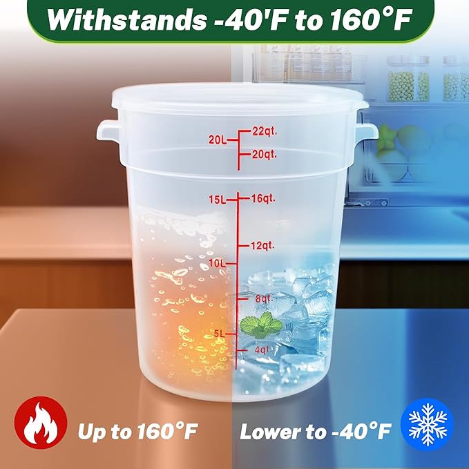 Round Food Storage Container with Lid, 22 Qt Translucent, Commercial 4 Pack of ??NSF Listed, BPA-Free, Polypropylene, Non-Stick, Scale, with Labels & Measuring Cups