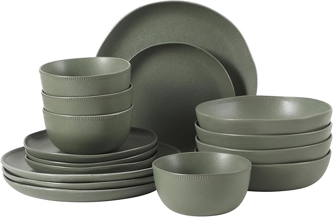 Gibson Elite Menlo Park 16-Piece Pottery Clay Stoneware Dinnerware Set ??Green Reactive Glaze, Organic Shape Embossed Plates and Bowls W/Pasta Bowl, Service for 4 ??Microwave & Dishwasher Safe