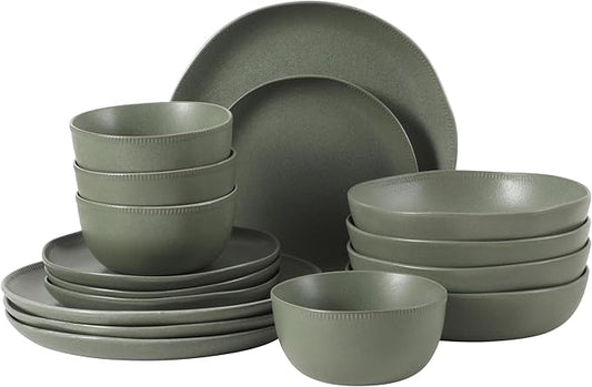Gibson Elite Menlo Park 16-Piece Pottery Clay Stoneware Dinnerware Set ??Green Reactive Glaze, Organic Shape Embossed Plates and Bowls W/Pasta Bowl, Service for 4 ??Microwave & Dishwasher Safe