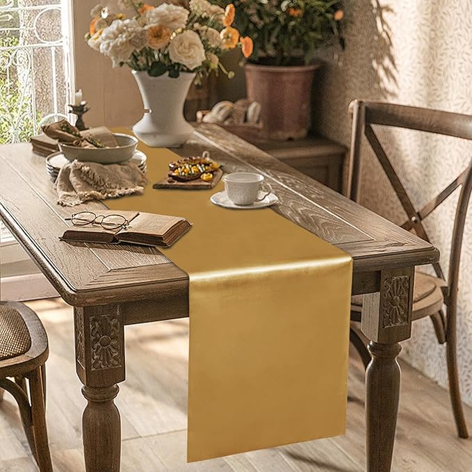 Yblut 10 Pack Satin Table Runner 12 x 108 Inch Long Old Gold Silk Table Runner for Wedding Party Banquet Birthday Decoration