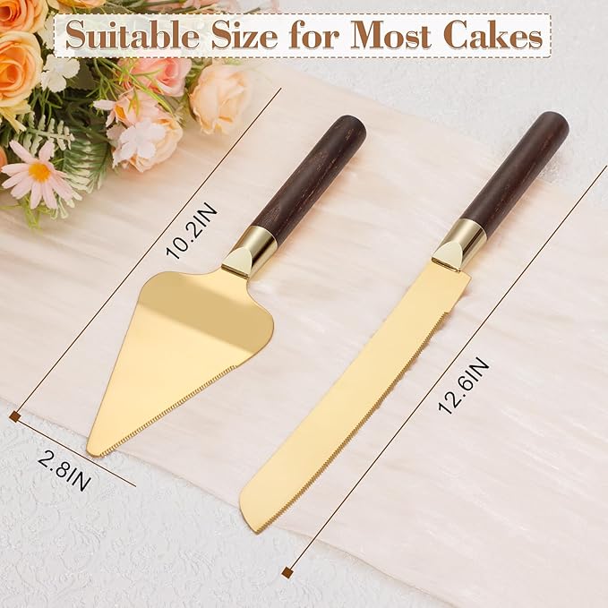 Gold Cake Cutting Set for Wedding, Wood Cake Knife and Server Set, Vintage 2-Piece Pie Cutter Set, Serrated Pizza Dessert Utensils, Bridal Birthday Quincea챰era Gift (Walnut color)