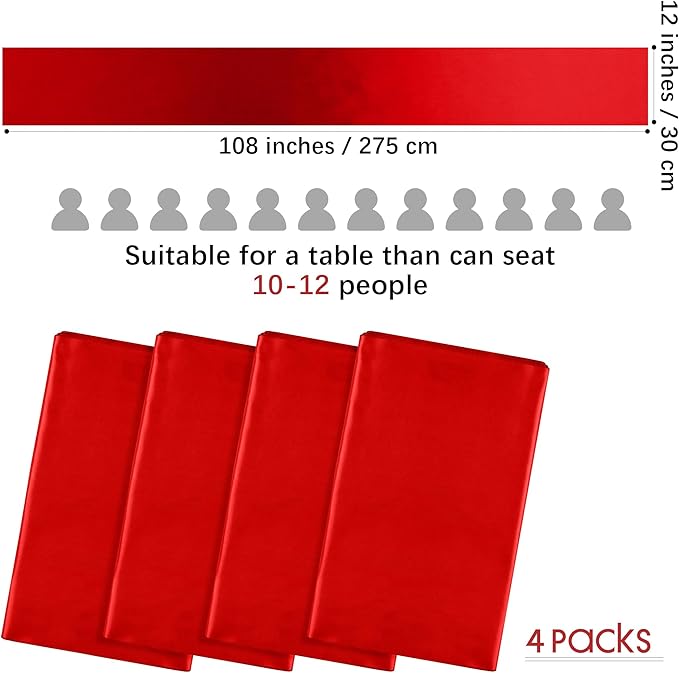 ANECO 4 Pack Satin Table Runner 12 x 108Inch Long Bright Silk and Smooth Fabric Party Table Runner for Wedding Banquet Party Decoration- Red