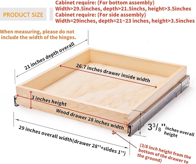 28?쓂 x 21?쒭 x 3?쒱 Soft Close Slide Out Wood Drawer Organizer for Kitchen, (Cabinet Opening>29.5 inches for Bottom Assembly, Width= 29 inches for Side Assembly)