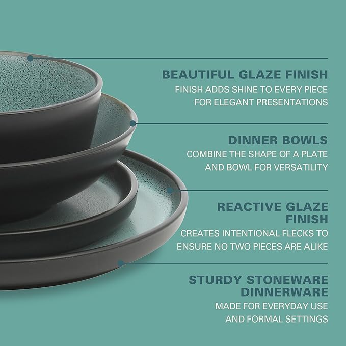 Gibson Elite Tribeca Loft 16-Piece Dinnerware Set ??Matte Black and Green Reactive Glaze Stoneware, Double Bowl Round Plates and Bowls ??Modern Rustic Tableware for 4, Dishwasher & Microwave Safe