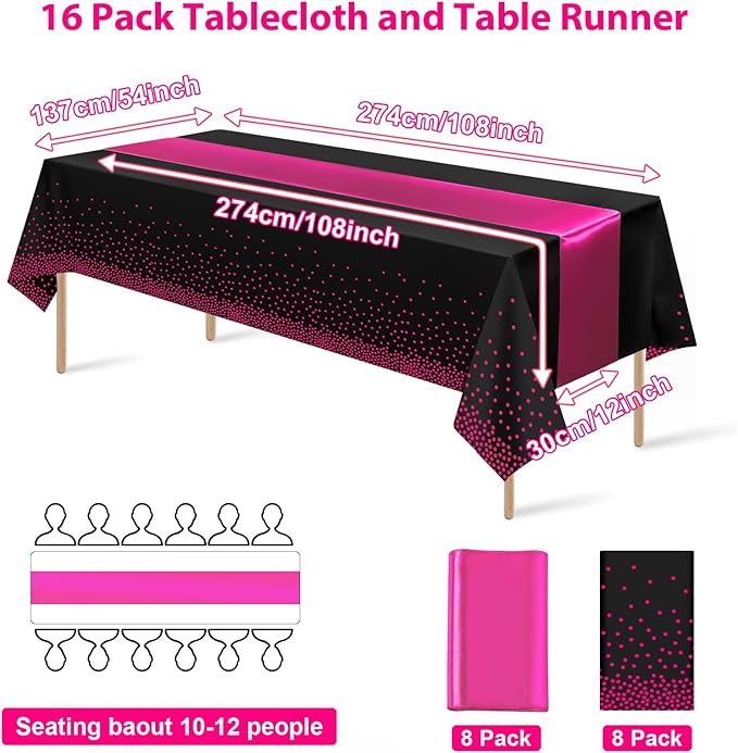 MASHAN 16Pack Disposable Plastic Party Tablecloths and Satin Table Runner Set - Black Hot Pink Dot - Wedding, Birthday, Baby Shower, Anniversary, Holiday Party Decorations