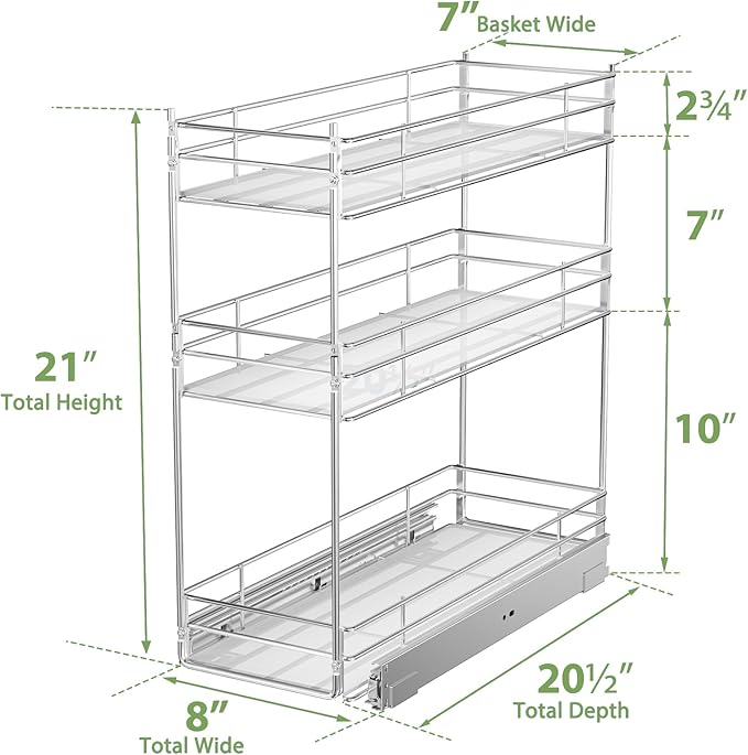 Pull Out Spice Rack Cabinet Organizer (8" W X 20쩍" D),3 Tier Slide Out Drawer for Narrow Cabinet, Pull Out Shelves Under Cabinet Storage for Kitchen