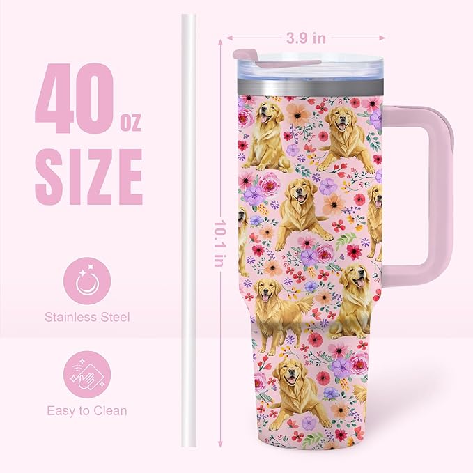 Yogusut Golden Retriever Gifts for Women, 40oz Stainless Steel Insulated Tumbler Travel Mug Cup with Handle Straw, Gifts for Dog Mom Dog Lover