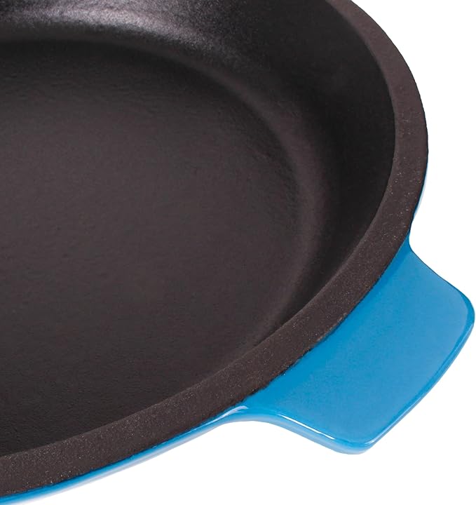 BergHOFF Neo 3Pc Enameled Cast Iron Cookware Set, Fry Pan 10 inches, Grill Pan 11 inches, Slotted Steak Press, Fast, Evenly Heat, Oven safe (Blue)