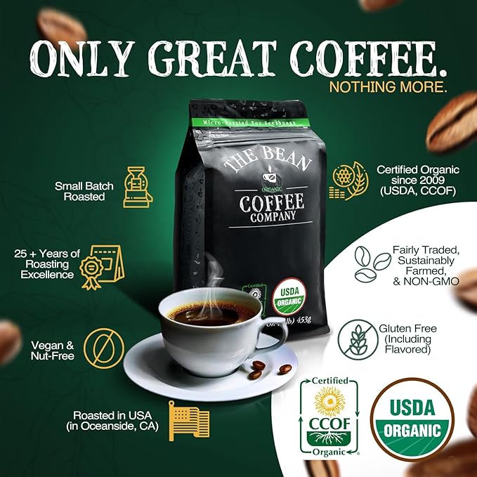 The Bean Organic Coffee Company Premium Espresso, Dark Roast, Ground Coffee, 16-Ounce Bags (Pack of 2),Caf챕 molido tostado organico