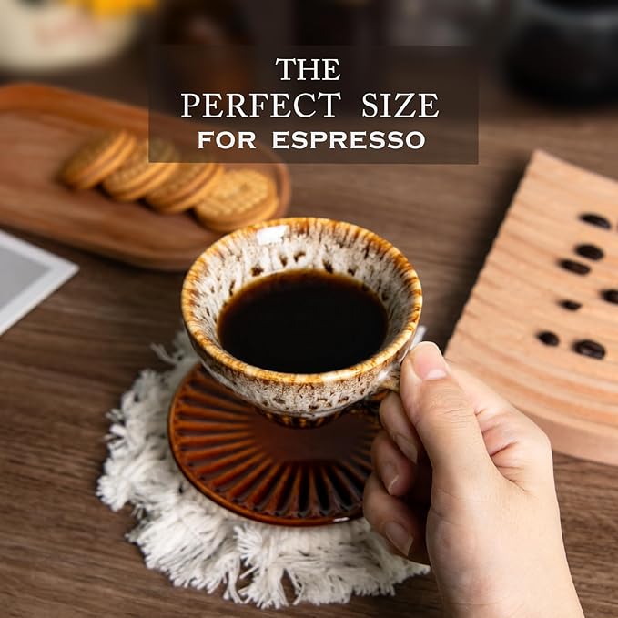 4 oz Espresso Cups Set of 2, Ceramic Cappuccino Cups with Saucers, Durable Porcelain Tea Set & Modern Coffee Cup Collection, Coffee Lover Gifts, Glazed White