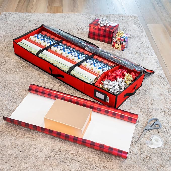 HOLDN??STORAGE Premium Wrapping Paper Storage Container - Durable 600D Tear-Proof, Fits 27 Rolls Gift Wrap, Extra Pockets for Ribbons & Bows, Underbed Storage - Ideal for Holiday Christmas, Red