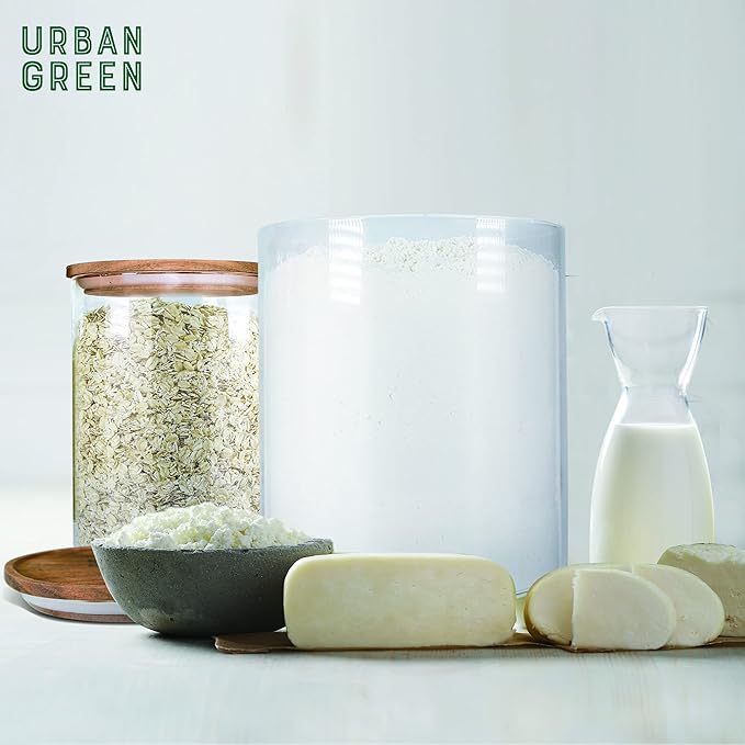 Urban Green Glass Jars with Airtight Lids, Airtight Glass Canisters set, Large Food Storage Containers with Wood Lids, 2 Pack of 100oz竊?Dry Food Pantry Jars, Flour Containers
