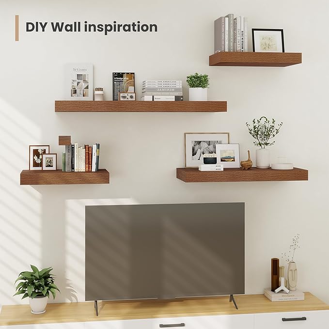 Heimlove 24 x 12 Inch Deep Floating Shelves Wall Mounted with Invisible Brackets,Storage Hanging Shelf for Wall Decor in Bathroom, Bedroom, Toilet, Kitchen, Living Room, Office Set of 2 (Walnut)