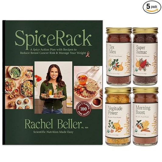 SpiceRack Cook Book Bundle: Nutrition Plan to Reduce Breast Cancer Risk & Manage Your Weight + 4 Organic Spice Blends - Rachel Beller Super Sumac, Morning Boost, Vegitude Power & Tex Mex