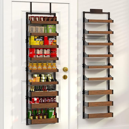 Over the Door Pantry Organizer: Pantry Organization and Storage with Hanging Basket - 9-Tier Metal Spice Rack Adjustable Shelves for Kitchen Bedroom Bathroom & Laundry Room Black