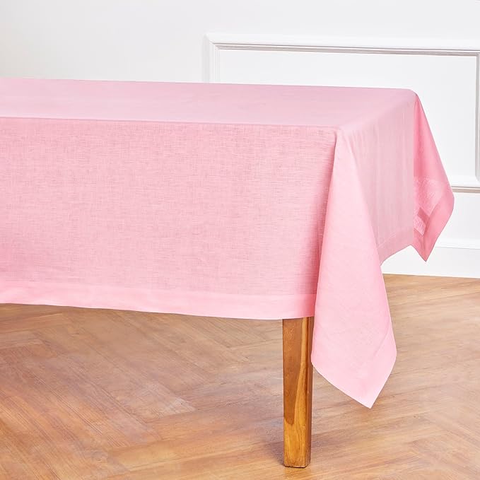 Solino Home Linen Tablecloth for Rectangle Tables 60 x 144 Inch - 100% Pure Linen Pink Lemonade Table Cloth - Fete, Machine Washable Cloth Tablecloth for Valentines, Spring, Easter