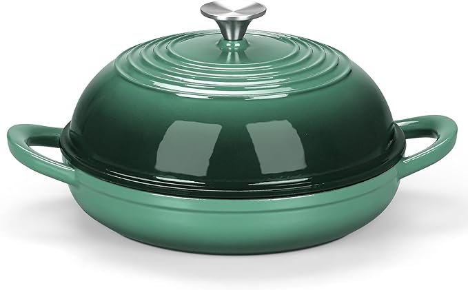 E-far Dutch Oven for Sourdough Bread Baking, 6 Qt Round Enameled Cast Iron Dutch Oven for Homemade Artisan Bread, Dome Lid & Shallow Base, Matte Black Interior & Durable, Oven-Safe to 500?? Dark Green