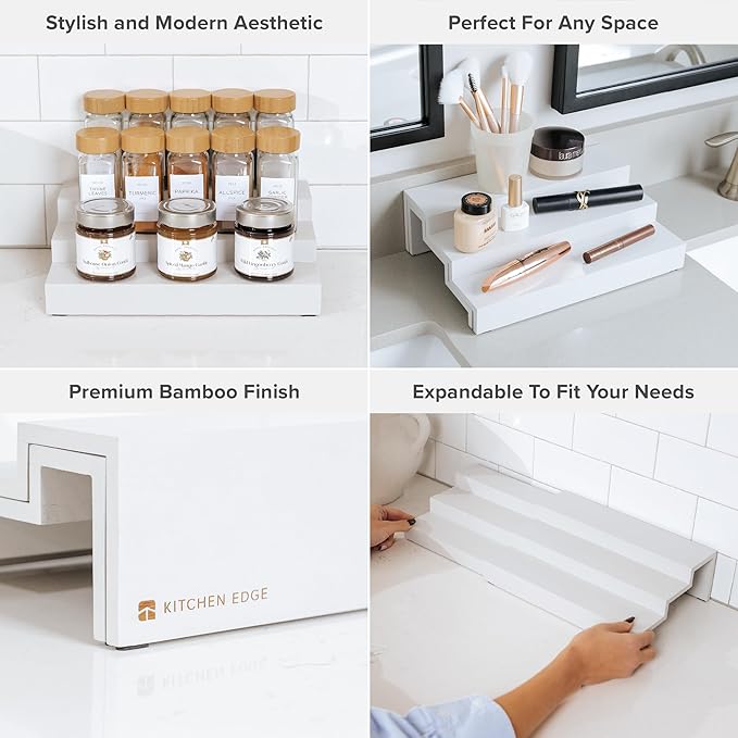 KitchenEdge Expandable Spice Rack Organizer for Cabinet, 3-Tier Shelf for Spice Organization (11??to 22??, Fits 36 Spice Jars, Seasoning and Pantry Storage, Non-Slip Feet, 100% Bamboo, White Finish
