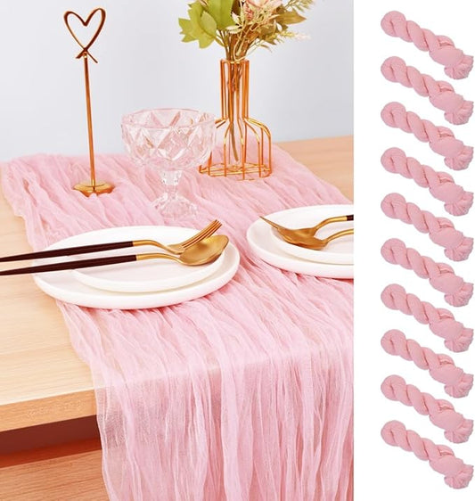 Joanlody Blushing Pink Cheesecloth Table Runner Spring Easter 10Ft Rustic Gauze Boho Cheese Cloth Table Runner for Wedding Bridal Baby Shower Decoration 10 Pack