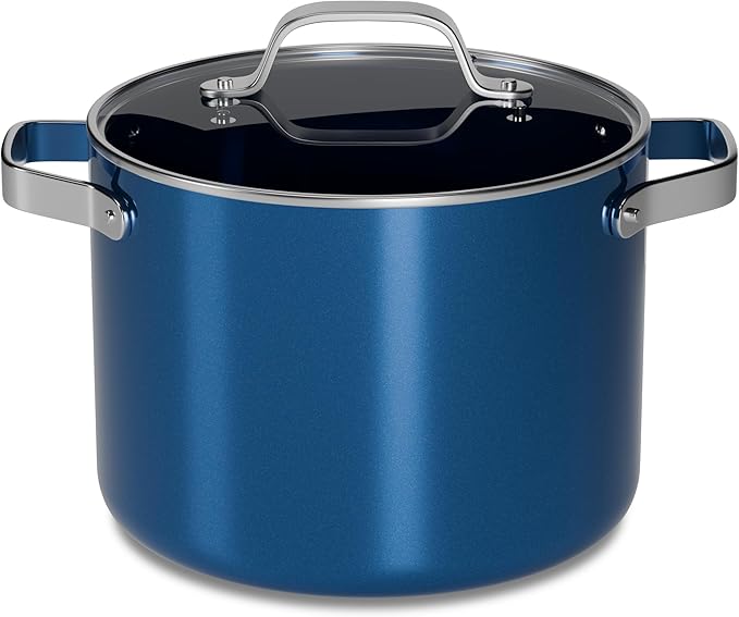 Bakken 8.5 Quart Ceramic Coated Stock Pot with Lid, Easy Clean Nonstick Pot, Tempered Glass Lid, Riveted Stainless Steel Handles, Oven Safe Up To 500째F, PTFE & PFAS Free, All Stove Compatible, Blue