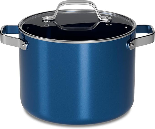 Bakken 8.5 Quart Ceramic Coated Stock Pot with Lid, Easy Clean Nonstick Pot, Tempered Glass Lid, Riveted Stainless Steel Handles, Oven Safe Up To 500째F, PTFE & PFAS Free, All Stove Compatible, Blue