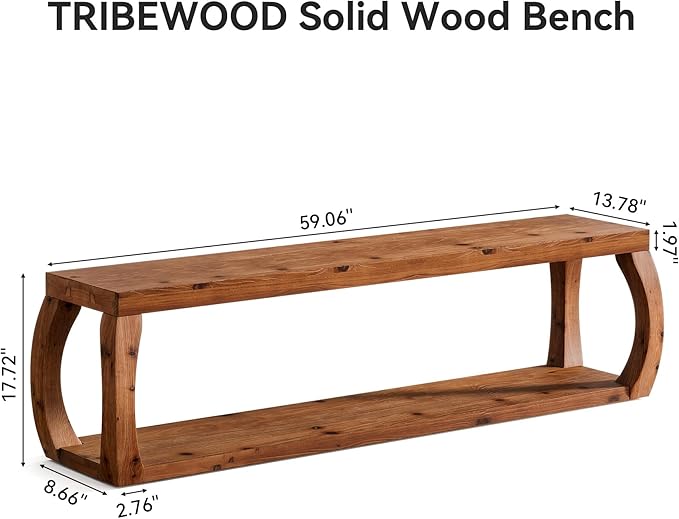TRIBEWOOD 2-Tier Solid Wood Entryway Bench, 59" Long Farmhouse End of Bed Bench with Open Shelves, Rustic Shoe Storage Wooden Seating for Entry, Kitchen, Living Room, Bedroom, Hallway (Rustic Brown)