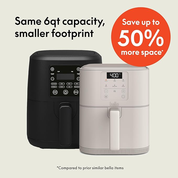bella 6 Qt Slim Air Fryer, Fits-anywhere??Kitchenware, EverGood??Ceramic Nonstick Coating, Adjustable Temperature, 6 Preset Cooking Options, 60 Min Auto Shutoff w Audible Tone, 5lb Capacity, Oatmilk