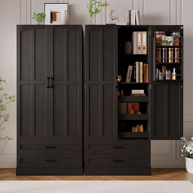 ONBRILL 71" Tall Farmhouse Kitchen Pantry Cabinet with 3 Pull Out Shelves & 2 Large Drawers, Pantry Storage Cabinet with 6 Door Shelf & Adjustable Shelf, Freestanding Cupboard for Kitchen, Dining Room