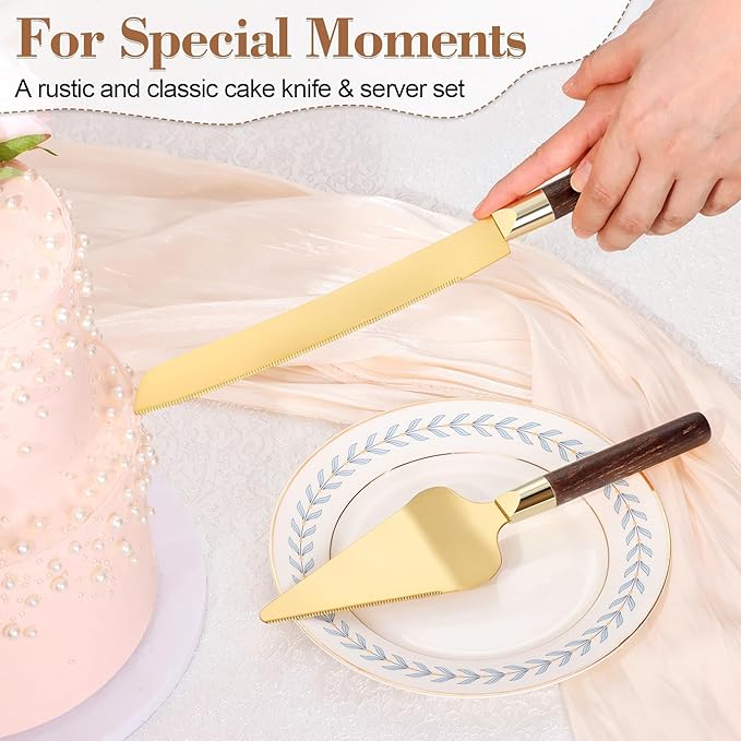 Gold Cake Cutting Set for Wedding, Wood Cake Knife and Server Set, Vintage 2-Piece Pie Cutter Set, Serrated Pizza Dessert Utensils, Bridal Birthday Quincea챰era Gift (Walnut color)