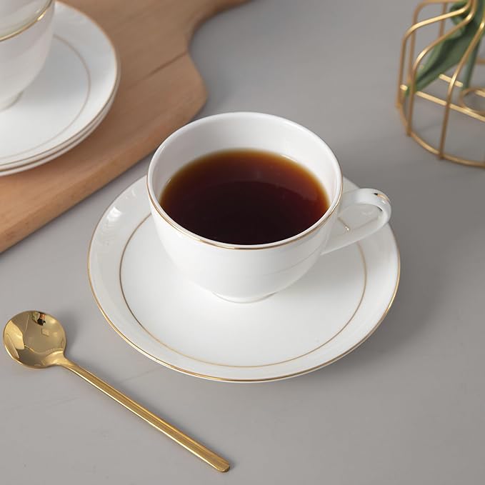 Bone China Tea Cups and Saucers Set (7 oz, Set of 4) ??White Luxury Fine Porcelain Mugs for Tea, Coffee, Latte Art, Barista Use, Elegant Gifting