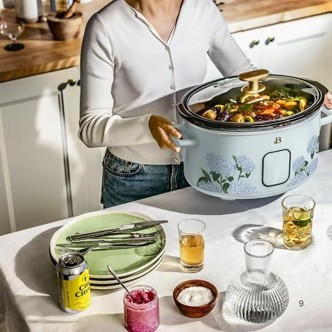 Beautiful 6 Quart Programmable Slow Cooker by Drew Barrymore ??Large Capacity, Ceramic Removable Pot, Tempered Glass Lid, Dishwasher Safe, Auto Keep Warm (Hydrangea Floral)