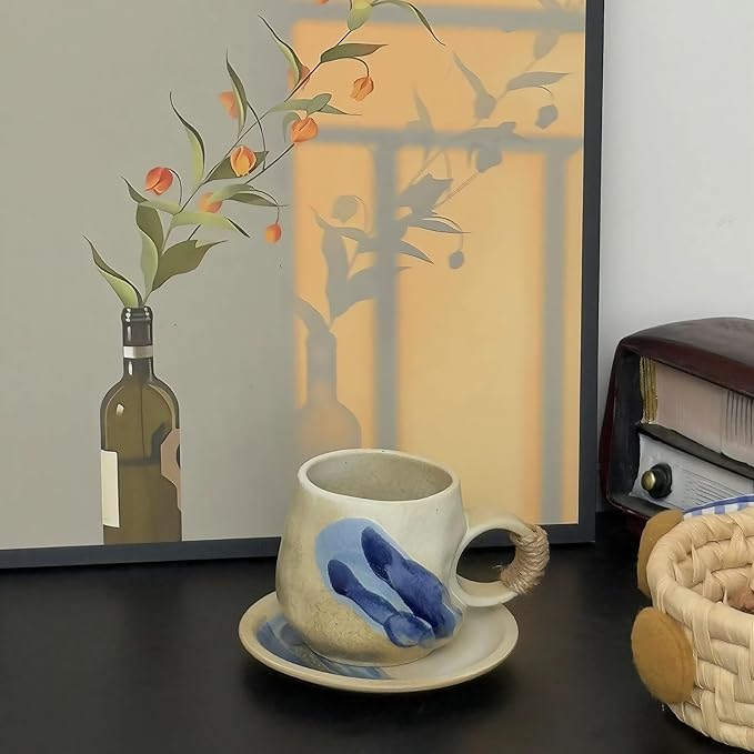 Small 8oz Unique Vintage Retro Japanese Handmade Ceramic Cappuccino Barista Cup with Saucer ??Artisanal Stoneware Coffee Mug,Handmade Pottery tea mug mor tea cup,Lead-Free Latte Art Mug, (1, White)