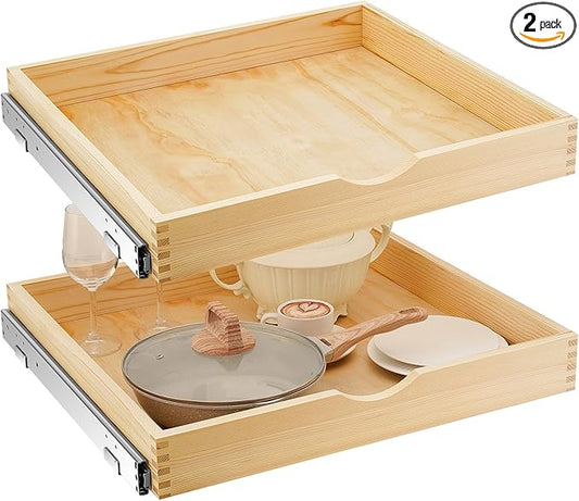 Menkxi 2 Set Pull out Tray Cabinet Organizer Wooden Pull Drawers storage Slide out Pantry Shelf for Base Cabinet Kitchen Gentle Close Fully Assembled Accessories(Wood Color,24'' X 21'' X 3'')