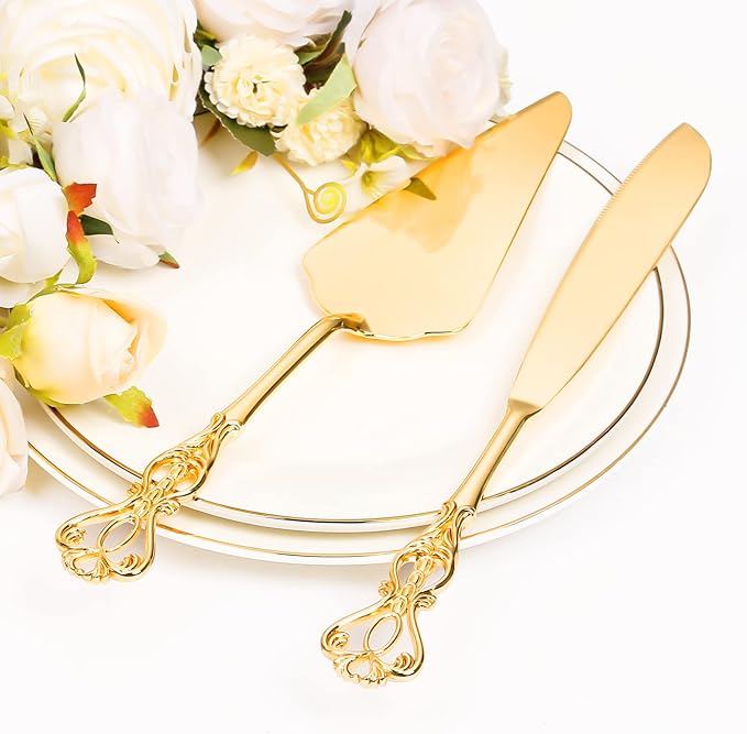 Cake Knife and Server Set for Wedding, Gold Cake Cutting Set, Elegant Cake Knives Cutter Set, Pie Pastry Servers, Birthday Bridal Quincea챰era Gift (F-Crown)