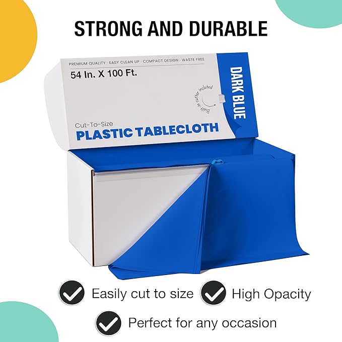 Party Solids 54 Inch X 100 Feet Dark Blue Plastic Table Cover Roll in A Cut - to - Size Box with Convenient Slide Cutter. Cuts Up to 12 Rectangle 8 Feet Plastic Disposable Tablecloths