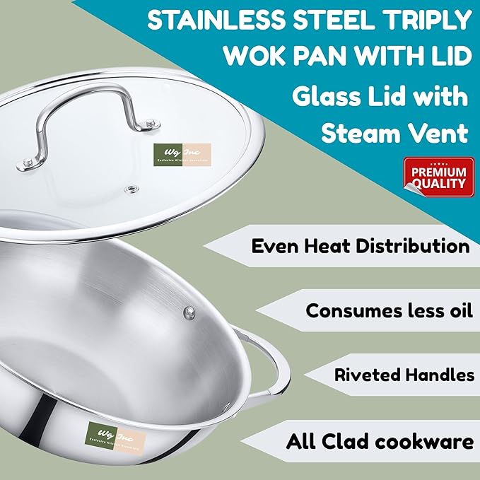 Stainless Steel Wok with Lid, All Clad Tri-ply Kadhai, 1.3 Qt / 1200 ML, 8 Inch Pan for Stir-Frying, Stews, Sauces, Deep Saute, Triply wok cookware, Trasparent Cover, Induction Compatible