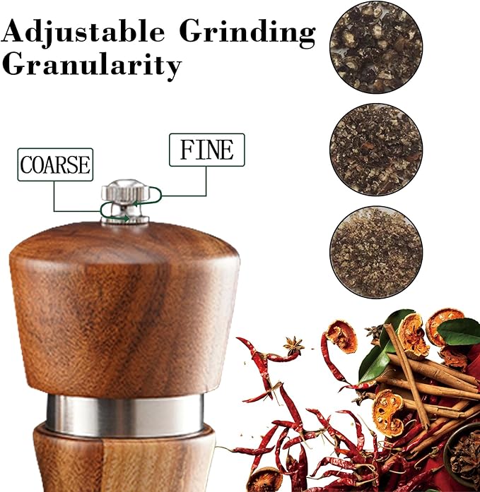 2Pcs Acacia Wood Salt and Pepper Grinding Machine, Durable Ceramic Grinding, Manual Steel Ring Grinding Machine with Adjustable Thickness