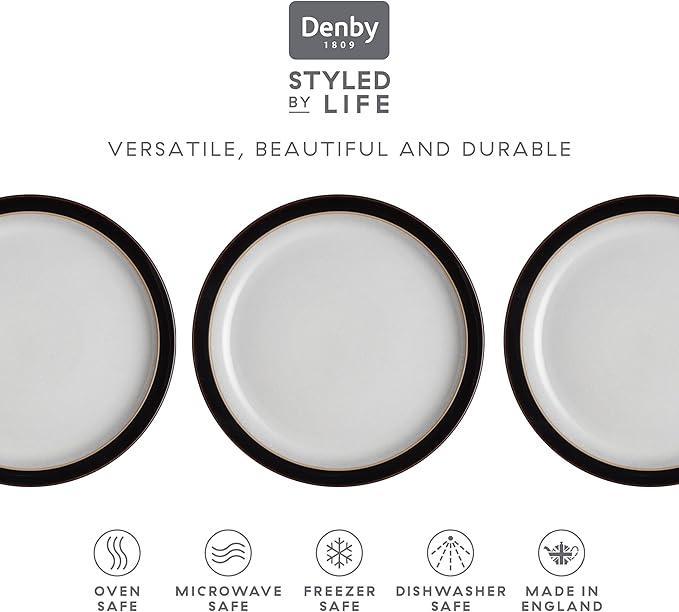 Denby - Elements Black Medium Plates Set of 4 - Contemporary Design with Black Detail - Ceramic Stoneware Tableware - Dishwasher & Microwave Safe - 8.6in Scratch Resistant Everyday Lunch, Salad Plates
