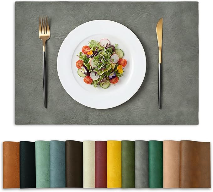 Artoid Mode Grey Faux Leather Placemats Set of 6, 12x18 Inch Waterproof Wipeable Heat Resistant Place Mats, Reversible Table Mats for Winter Kitchen Dining Decor