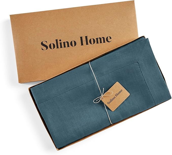 Solino Home Linen Tablecloth for Rectangle Tables 60 x 120 Inch - 100% Pure Linen Peacock Blue Table Cloth - Fete, Machine Washable Cloth Tablecloth for Winter